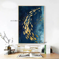 Hand Painted Oil Abstract Painting Blue Sea View Gold Leaf Vertical Rectangle On Canvas s