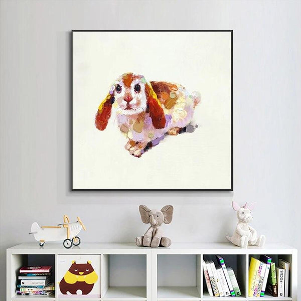 Hand Painted Modern Colorful Lovely Rabbit Canvas Animal Painting for Baby Room Unframed