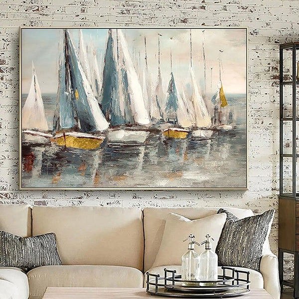 Hand Painted Oil Painting Boat Natural Landscape Abstract Canvas Painting