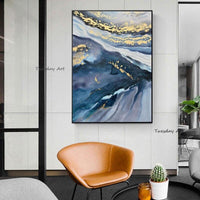 Modern Hand Painted Abstract Oil Painting Contemporary Art Painting BLUE Silver Grey Vertical Design Artwork