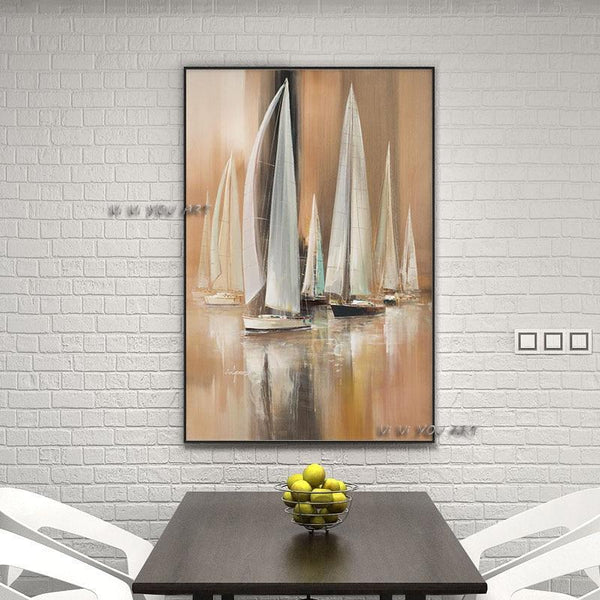 Modern Colorful Sailboat Hand Painted Oil Abstract Painting Vertical Rectangle On Canvas s