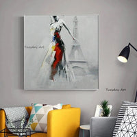 Modern Abstract Oil Painting On Canvas Hand Painted Girl And Eiffel Tower