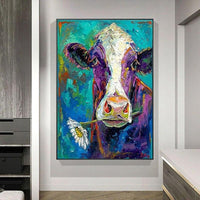 Hand Painted Oil Painting Modern Animals On Canvas Cow with Flowers Abstract Canvas Wall Art Decor