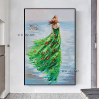 Hand Painted On Canvas Figure Painting Hotel Green Dress Beauty Beach Modern Decoracion