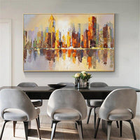 Abstract Art Hand Painted Gold City Building Landscape Canvas Oil Painting Modern Decor