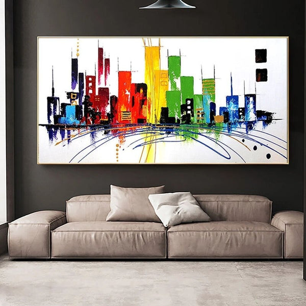 Hand Painted Oil Painting Modern Abstract City Building on Canvas Textured Knife City Art