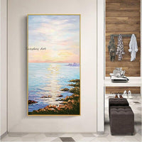 Hand Painted Modern Sea Wave Sunset Beach Landscape Oil Painting on Canvas Wall Art Mural