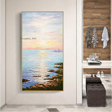 Hand Painted Modern Sea Wave Sunset Beach Landscape Oil Painting on Canvas Wall Art Mural