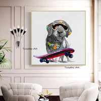 Hand Painted Oil Painting Modern Animal Wear Glasses Skateboard Dog Abstract Wall Art Children's Room Decor