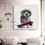 Hand Painted Oil Painting Modern Animal Wear Glasses Skateboard Dog Abstract Wall Art Children's Room Decor