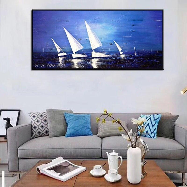 Hand Painted Abstract Blue Sea White Sailboat Modern On Canvas Artwork Home Hotel Office Decor