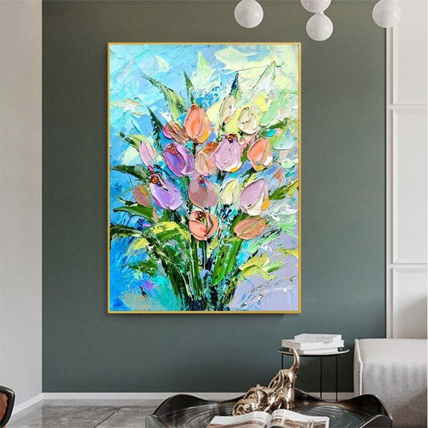 Modern Abstract Hand Painted Oil Painting Colorful Knife Flowerss Home