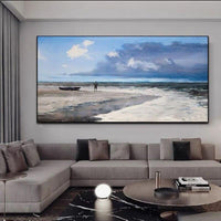 New Hand Painted Modern Oil Painting Blue Sky White Clouds Sea Beach Scenery Canvas Painting