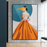 Modern Abstract Woman In Orange Yellow Dress Hand Painted Canvas Painting Decor