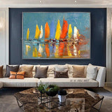 Hand Painted Abstract Wall Art Modern Minimalist Sailboat Seascape Canvas