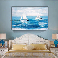 Landscape Hand Painted Boat at Sea On Canvas Painting Modern Blue