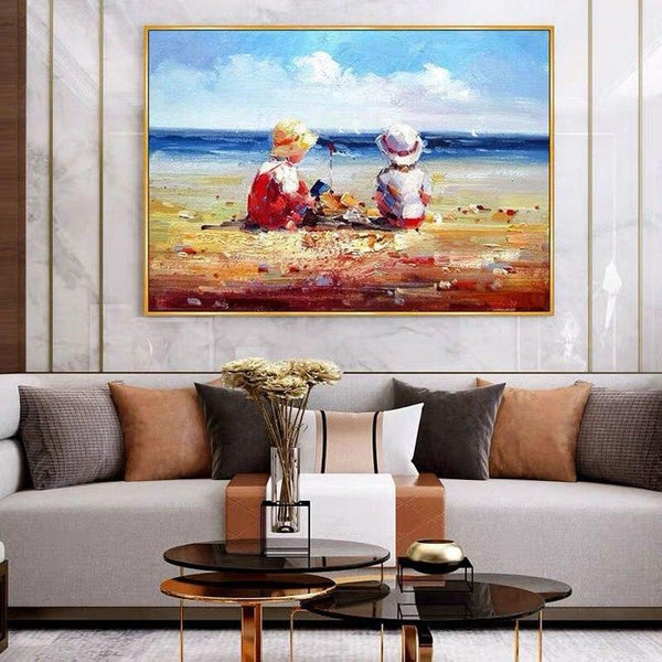 Hand Painted European Style Oil Painting Kid On Beach Canvas Beach Views