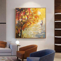 Hand Painted Modern Abstract Yellow Tree Oil Painting on Canvas Scandinavian Home Deco