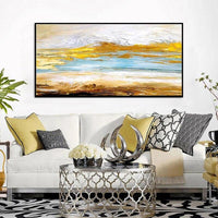 Hand Painted Thick Oil Painting On Canvas Golden Abstract Lake Landscape Wall Art Modern Abstract