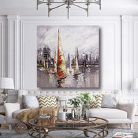 Hand Painted Oil Painting Modern Abstract Seascape Sailboats Hand Painted Canvas