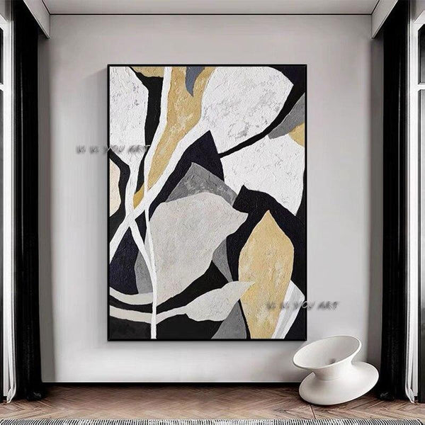 Hand Painted Modern Art Geometric Minimal Canvas Wall art Painting Black White Golden Canvasative