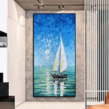 Hand Painted Abstract Landscape Modern Oil Painting Sea Sailboat Canvas Painting Square Nordic