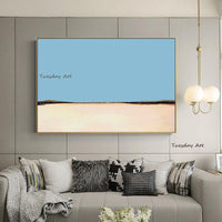 Hand Painted Abstract Simple Blue and Beige Oil Painting On Canvas Modern