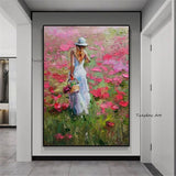 Impressionist Oil Paintings Hand Painted Girl Holding Flower basket Wall Art Canvas Bedroom Decor