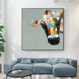 Hand Painted Oil Painting Cartoon Cute Animal Colorful Cow Painting Living Canvass