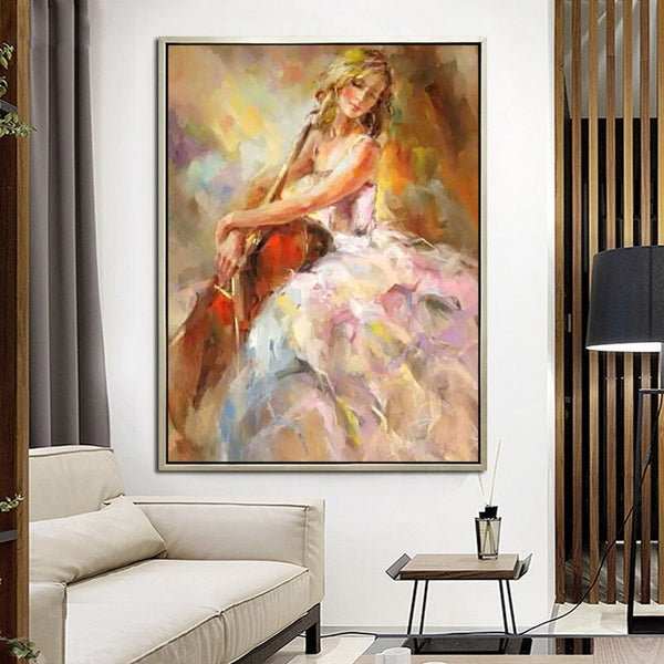 Hand Painted Impression Oil Painting Modern Character Violin Woman Abstract on Canvas