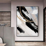 Black And White Gold Foil Hand-Painted Abstract Modern Oil Painting On Canvas In Decor As