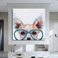 Hand Painted Animal Abstract Oil Painting Cute Glasses Puppy Home Office Painting