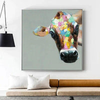 Hand Painted Oil Painting Cartoon Cute Animal Colorful Cow Painting Living Canvass