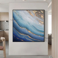 Modern Abstract Gold Foil Flowing Blue Hand Painted Canvas Art Painting Bedroom Wall