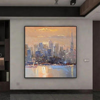 Abstract Golden Building Canvas Hand Painted Oil Painting City Landscape for Pub Aisle