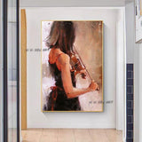 High Quality Hand Painted Canvas Art Girl Play Violin Oil Painting Modern home