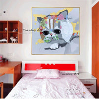 Hand Painted Oil Painting Animal Cat Painting Modern Abstract Numbers Unique Children's Room