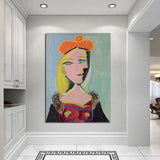 Hand Painted Oil Painting Picasso Woman wearing orange beret and fur collar (Mary Tres) Abstract Canvas Wall Art