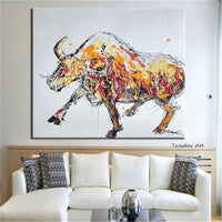 Modern Abstract Hand Painted Yellow Bull Painting Cattle Animal Oil Painting Pop Art Office