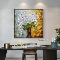 Hand Painted Abstract Hand Painted Oil Painting modern Thick oil Knife white flowers on Canvas wall Art Frameles