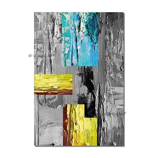 Hand Painted On Canvas Yellow Blue Geometric Modern Abstract Office Home Interior Mural