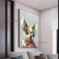 Hand Painted High Quality Lovely Animal Dog on Canvas Cartoon Handsome Dog with Glasses Oil Painting