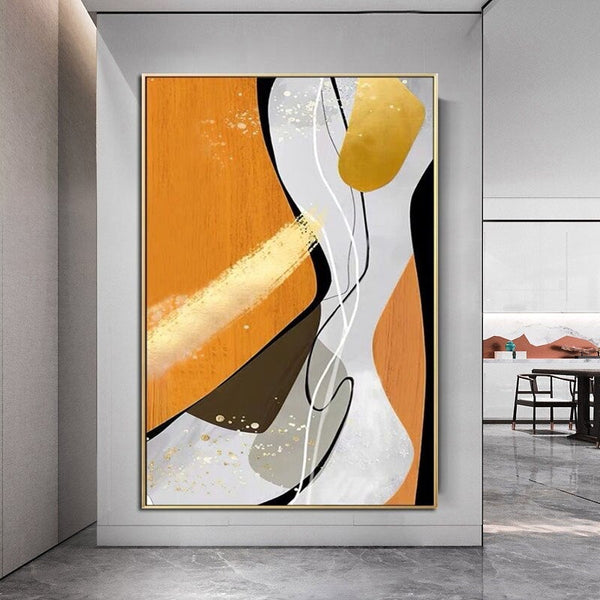 Hand Painted Oil Painting Yellow White Black Lines Abstract Art Canvas Decor