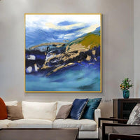 High Skilled Artist Hand Painted Abstract Blue and White and Gold on Canvas Rich Colors White and Blue Oil Painting