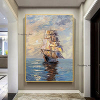 Hand Painted Sailing Boat Landscape Oil Painting Bar Home Salon Birthday Housewarming s