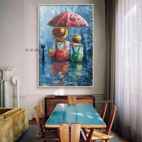 Hand Painted Graffiti Art Girl Boy Holding Umbrella Canvas Painting and Modern Home Wall Decor