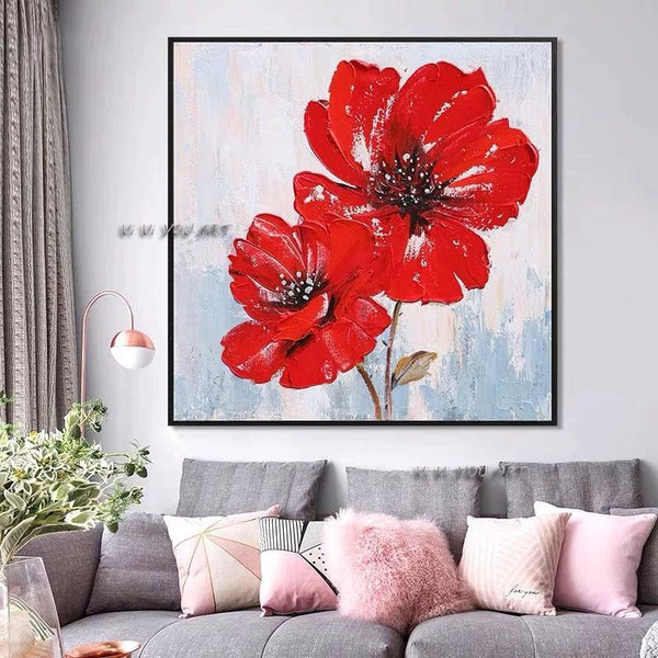 Modern Painted Abstract Big Red Flowers On Canvas Wall Art Decor Home