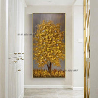 Hand Painted Golden Tree Landscape Abstract Wall Art On Canvas Modern Bedroom