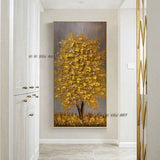 Hand Painted Golden Tree Landscape Abstract Wall Art On Canvas Modern Bedroom