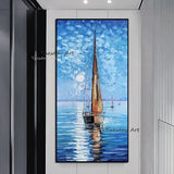 Hand Painted Abstract Landscape Oil Painting Sea Sailboat Canvas Painting Wall Art Square Modular Nordic